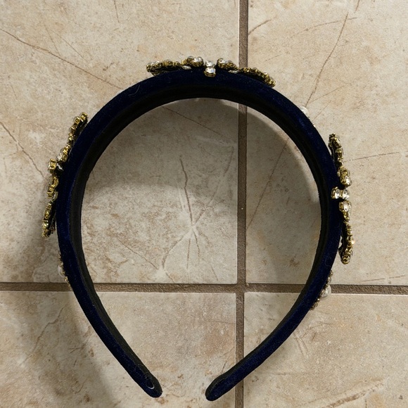 Blue Velvet Pearl Rhinestone Embellished Headband | Statement Hair Accessory - Picture 5 of 7